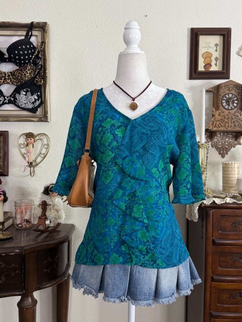 Vintage 90’s boho whimsigoth semi sheer ruffled paisley floral blouse